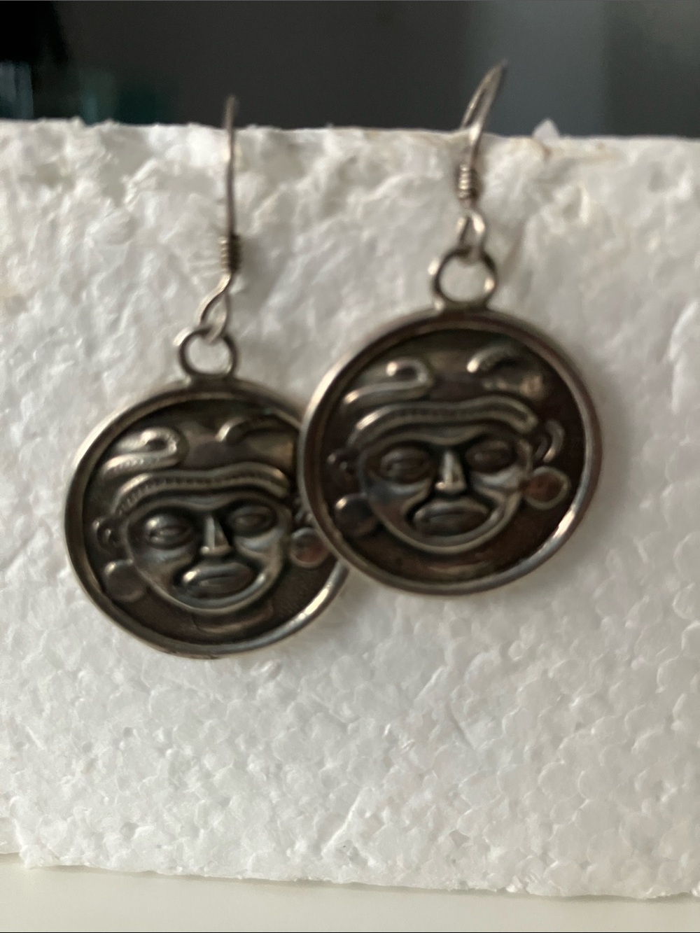 Taxco Carved Moon Face Sterling Silver Drop Earrings